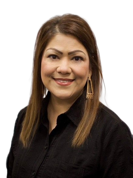 Portrait of a smiling woman in a black blouse against a white background