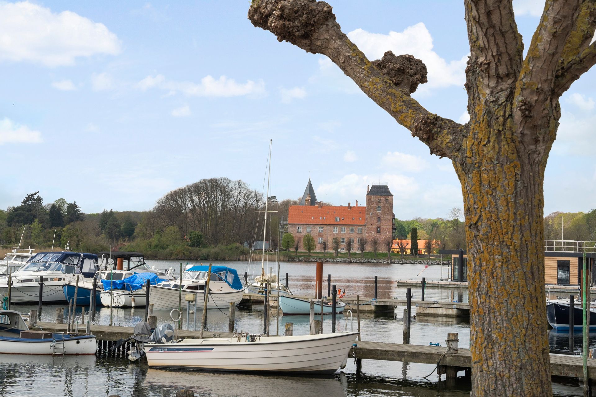 Både ligger til kaj i en havn med et slot i baggrunden, set gennem et træ. Solskinsdag.