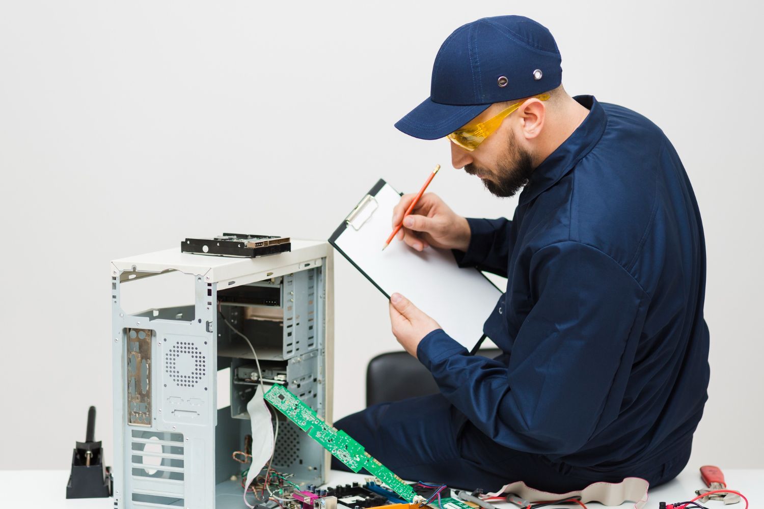 A man is working on a computer and writing on a clipboard.