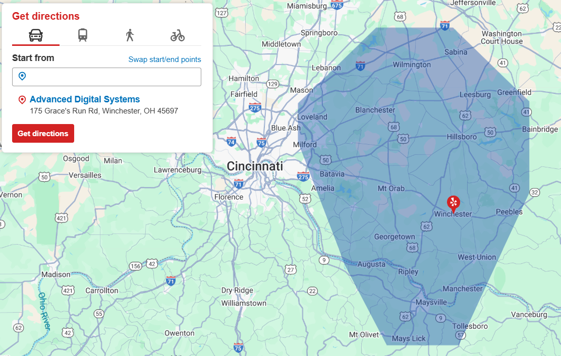 A map of a city with a blue circle around it.