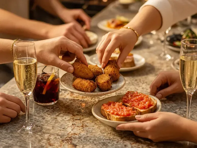 Friends' hands sharing croquetas and pan con tomate with glasses of cava