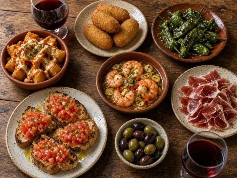 A table of Spanish tapas: patatas bravas, croquetas, garlic prawns, jamón, padrón peppers, olives and red wine