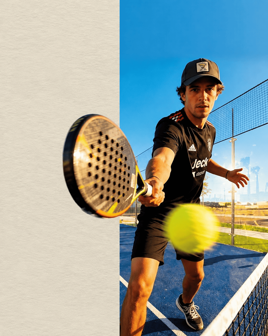 Jugador de pádel se lanza para golpear una pelota en una pista al aire libre al atardecer.