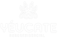 Logotipo blanco “YÉU CATE” con un delicado emblema floral y el texto “FLORES FINALES” tenuemente escrito debajo.