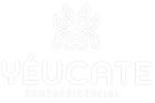 Logotipo blanco “YÉU CATE” con un delicado emblema floral y el texto “FLORES FINALES” tenuemente escrito debajo.