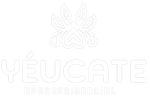 Logotipo blanco con la inscripción “YÉUCATE”, texto más pequeño “BIENES RAÍCES” y un emblema floral en la parte superior.