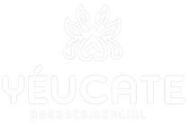 Logotipo blanco con la inscripción “YÉUCATE”, texto más pequeño “BIENES RAÍCES” y un emblema floral en la parte superior.