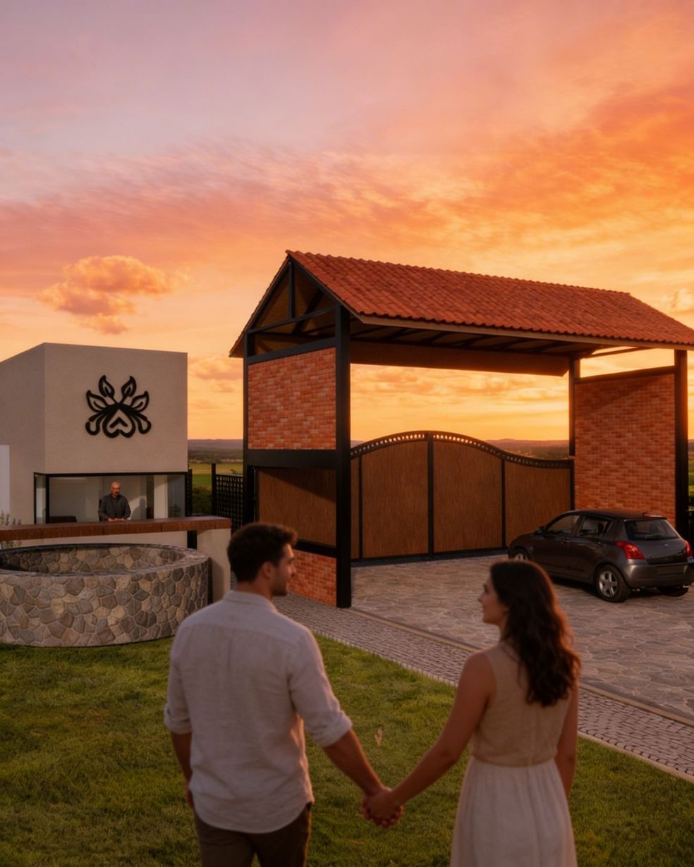 Una pareja tomada de la mano frente a una casa moderna al atardecer, con un coche en la entrada.