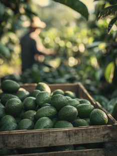 Caja de limas verdes en un huerto soleado con árboles borrosos al fondo.