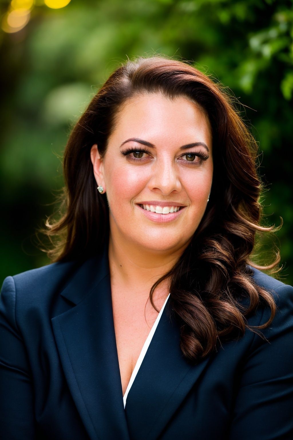 A woman in a blue jacket is smiling for the camera.