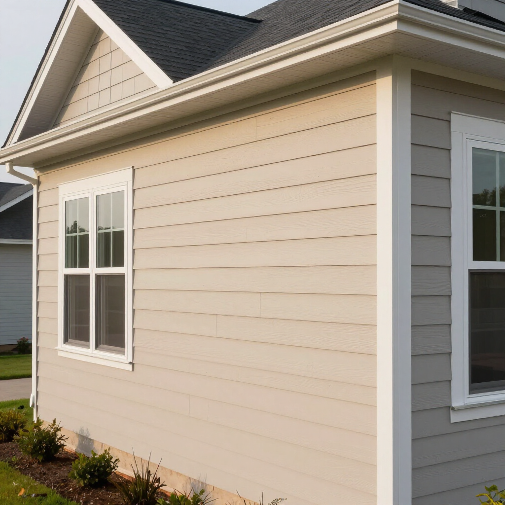 Beige house exterior with white-trimmed windows and beige siding in a landscaped yard