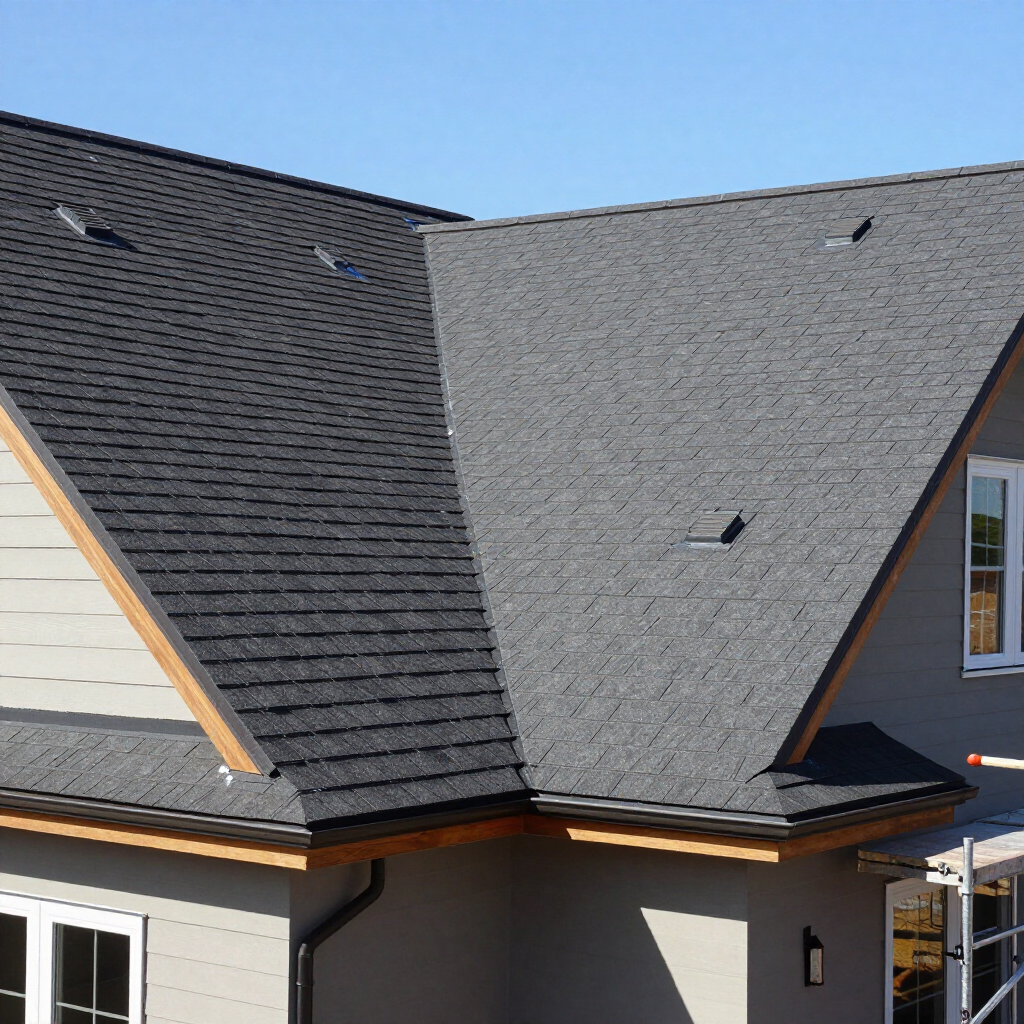 Close-up of a gray house roof with dark shingles and orange trim under a blue sky