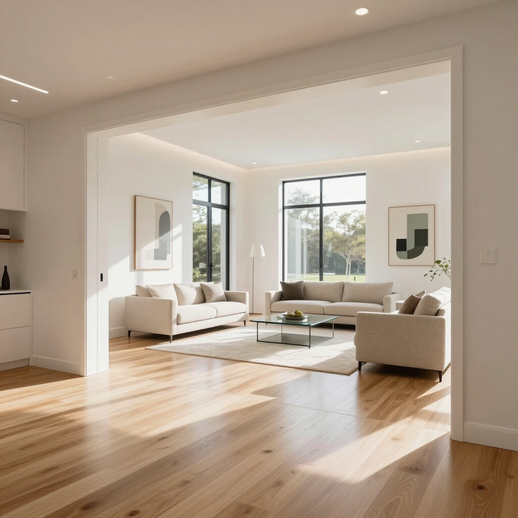 Bright modern living room with white sofas, large windows, and sunlight on hardwood floors