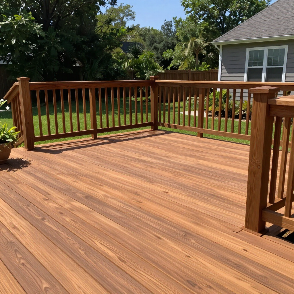 Wooden backyard deck with brown railings and sunlit planks beside a house and green lawn