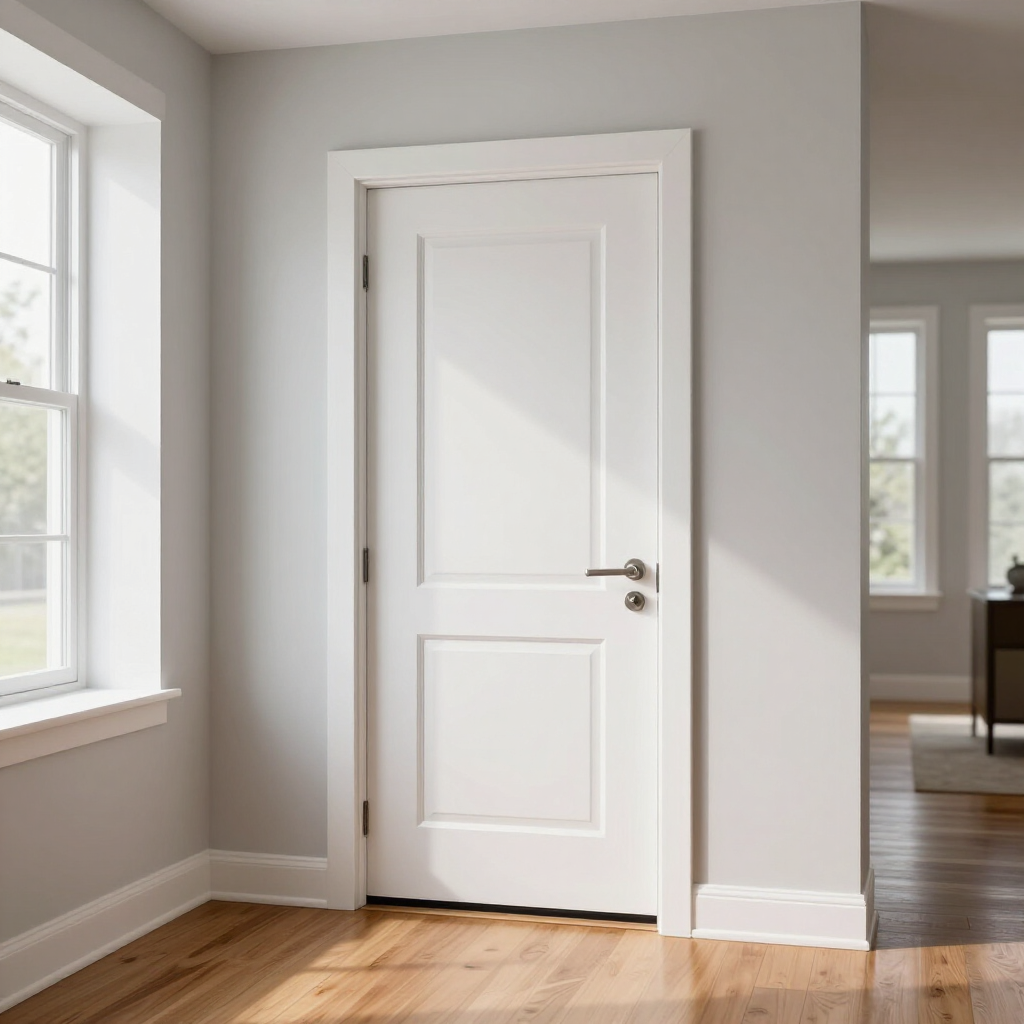 Bright white interior door in a sunlit room with gray walls and hardwood floors