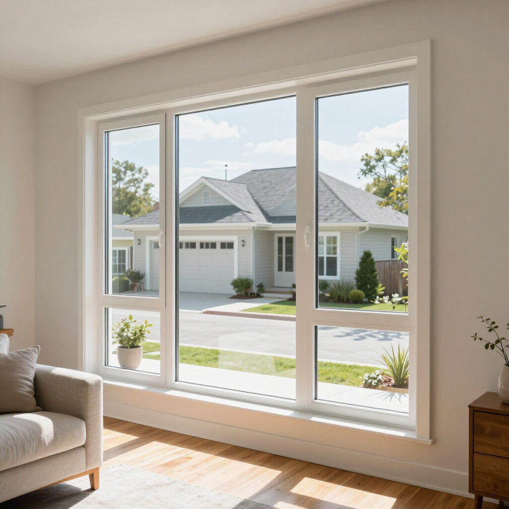 Bright living room with a large window overlooking a suburban house and driveway