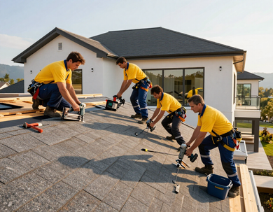 Roofing crew installing a new residential roof