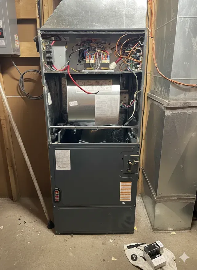 A gray furnace with its panels open, revealing internal components and ductwork, set in a basement.