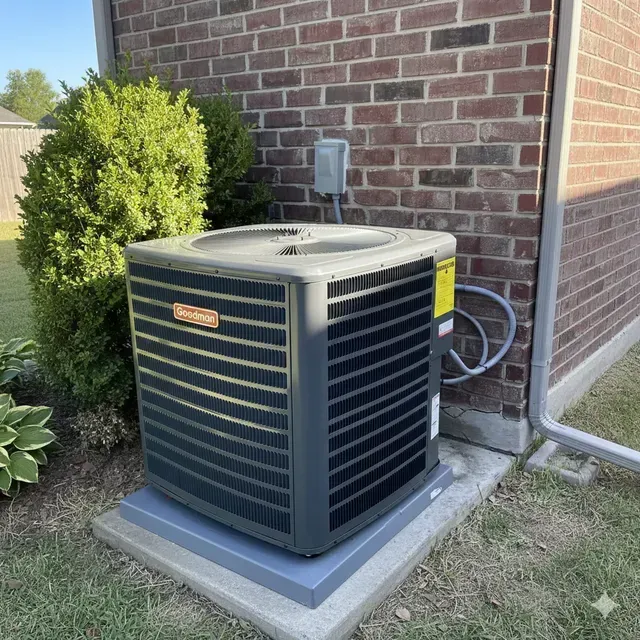 An air conditioner unit next to a brick wall and bushes.