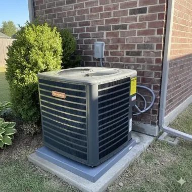 An air conditioner unit next to a brick wall and bushes.