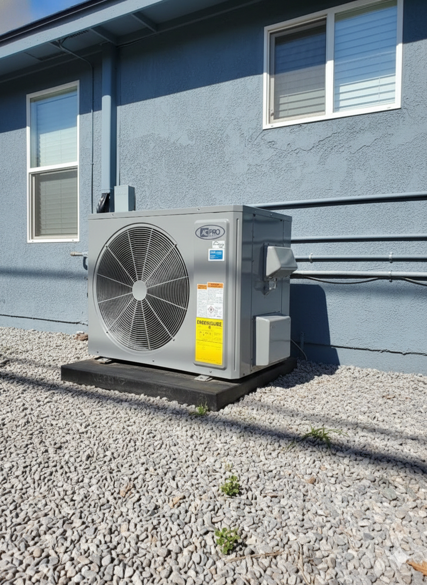 Air conditioning unit outside a blue building on gravel.