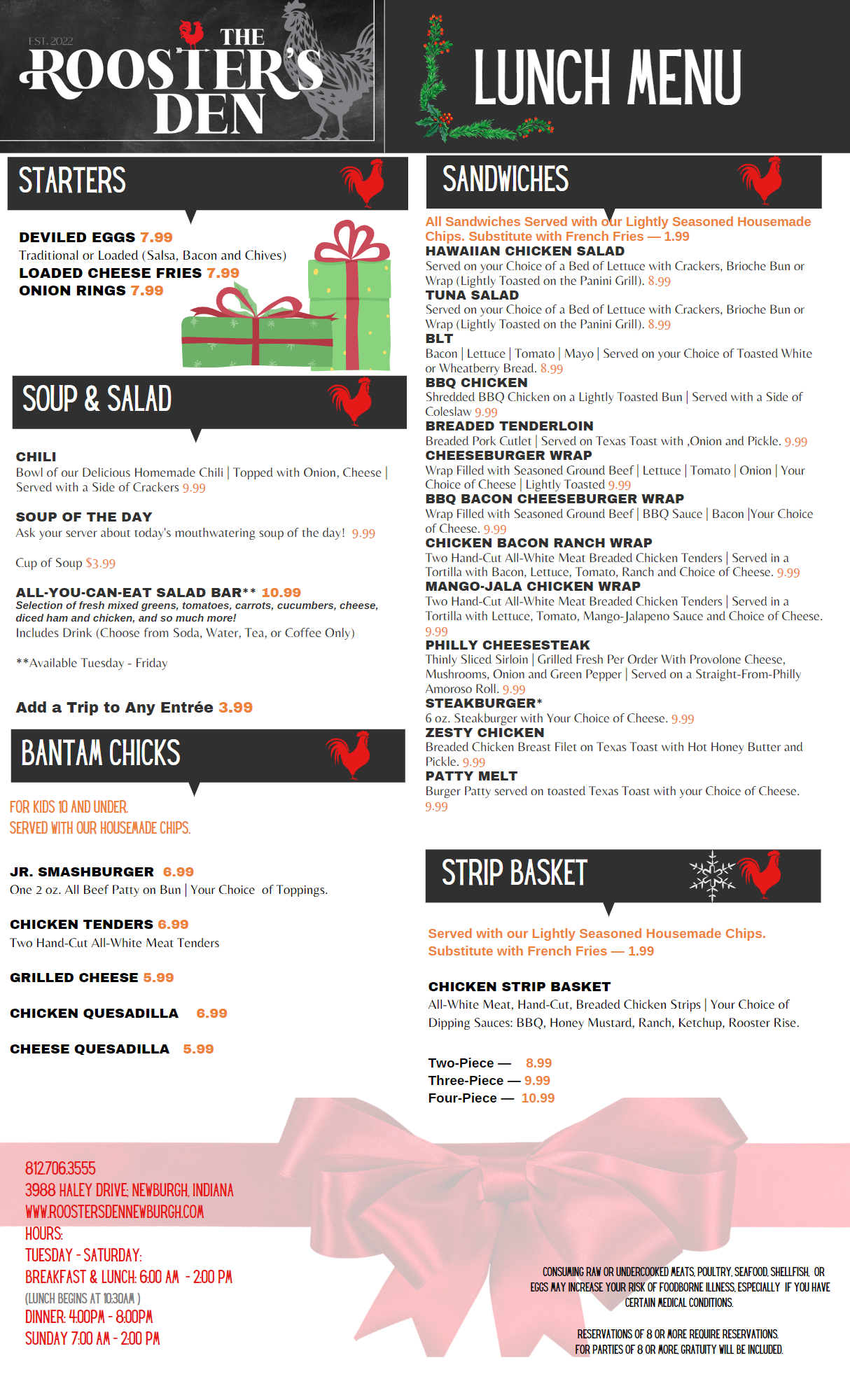 Our Menus Newburgh, IN The Rooster’s Den