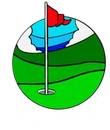 Golf hole with red flag on a green course, stylized inside a circular icon