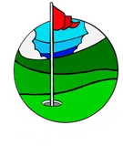 Golf hole with red flag on a green course, stylized inside a circular icon