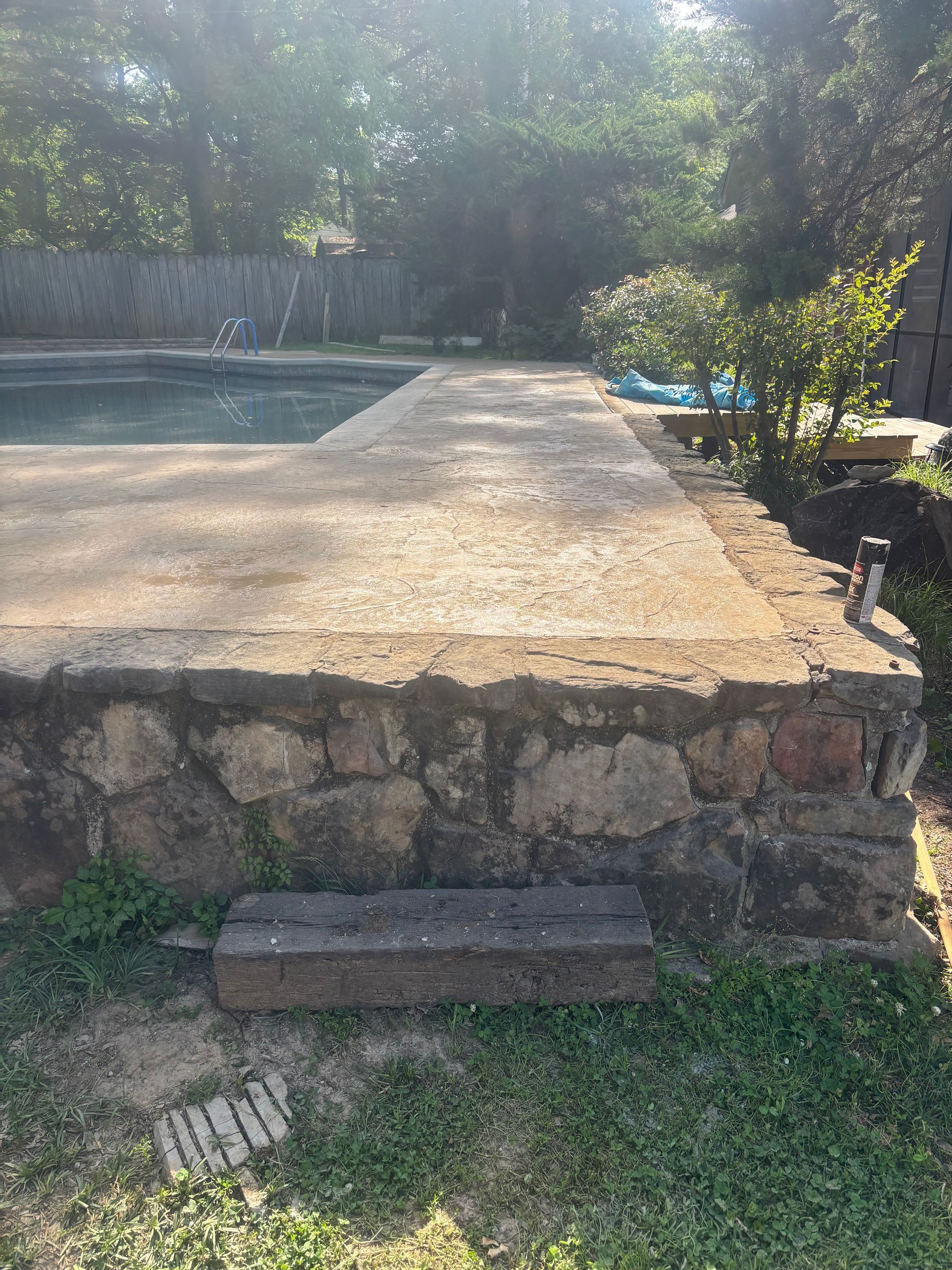 Backyard swimming pool with stone edge and grass in the foreground