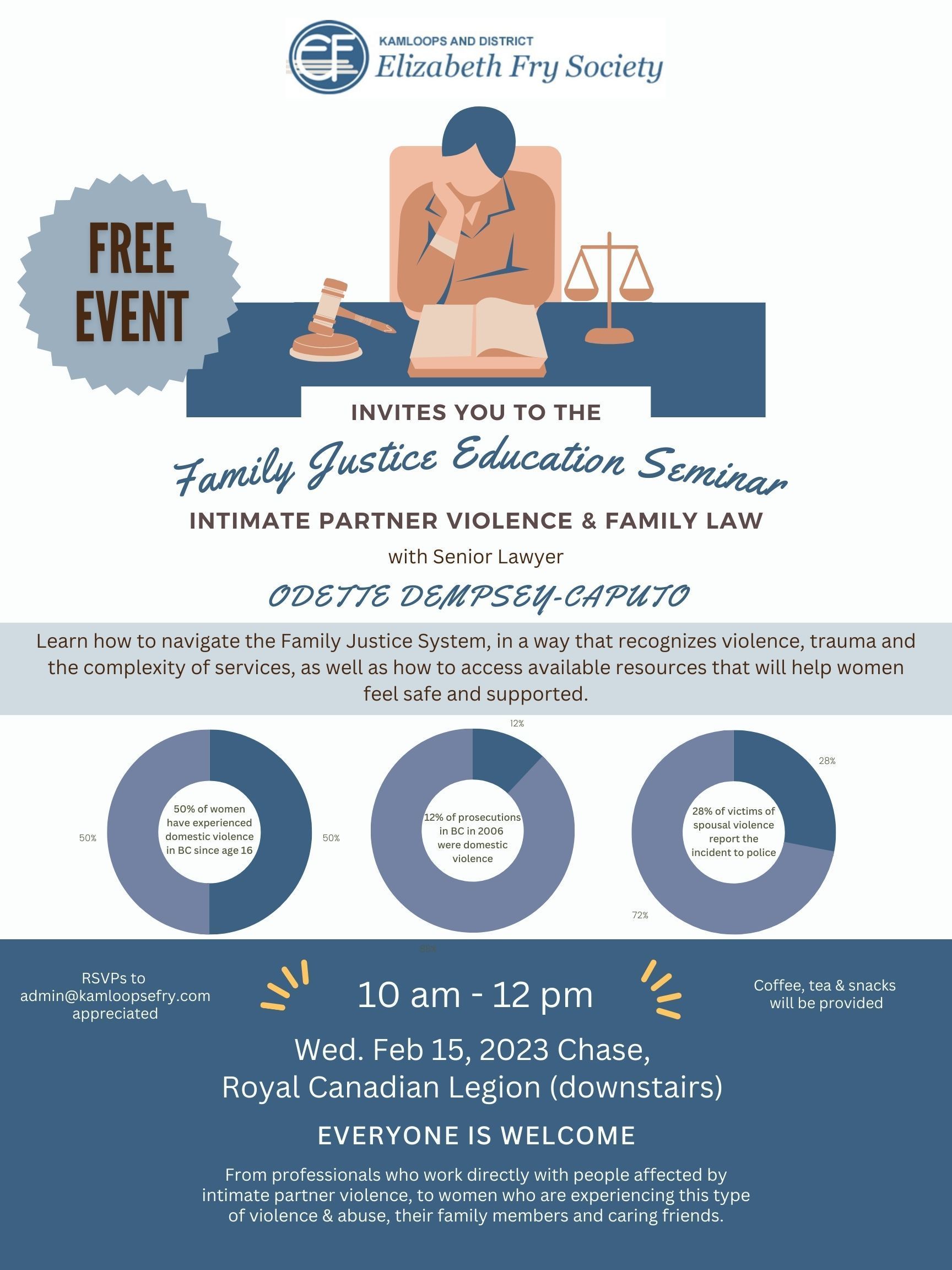 Custom Graphic Design Kamloops - Elizabeth Fry Society Family Justice Education Seminar poster with legal themed illustration