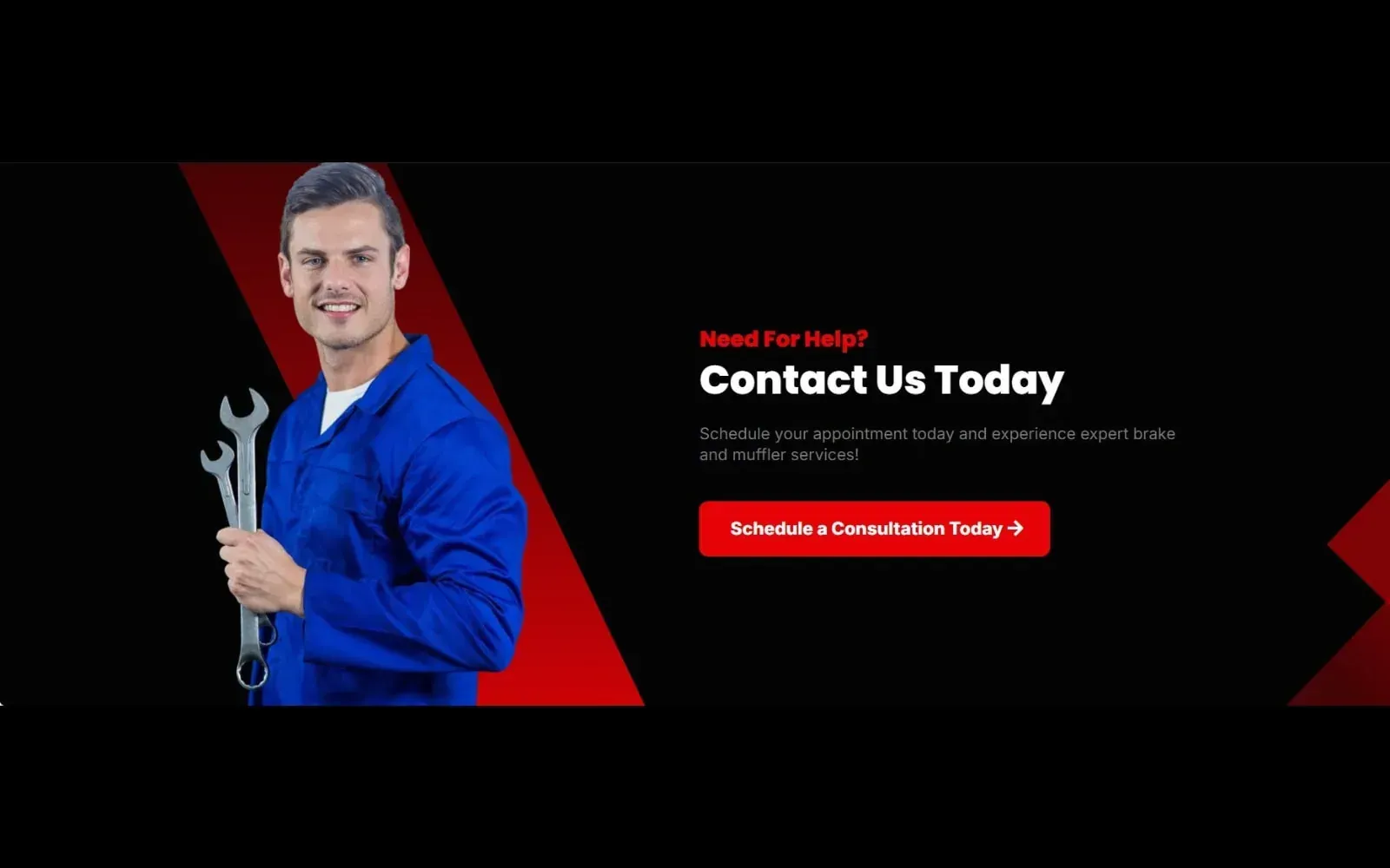 Contact section on an automotive repair website, featuring a mechanic photo, call-to-action text, and red accent graphics