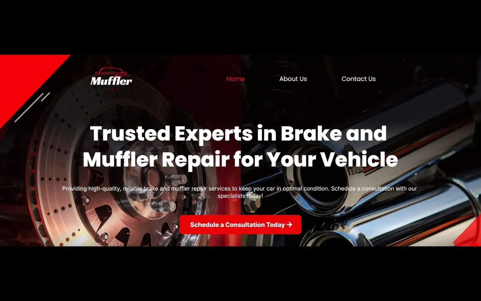 Homepage hero for an automotive repair shop, with a bold red-and-black theme, service headline, and appointment booking button