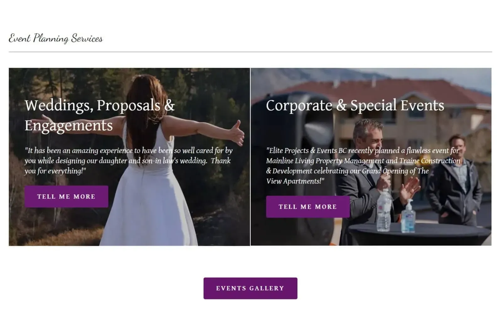 Event planning services section with two category cards for weddings and corporate events, plus a gallery link