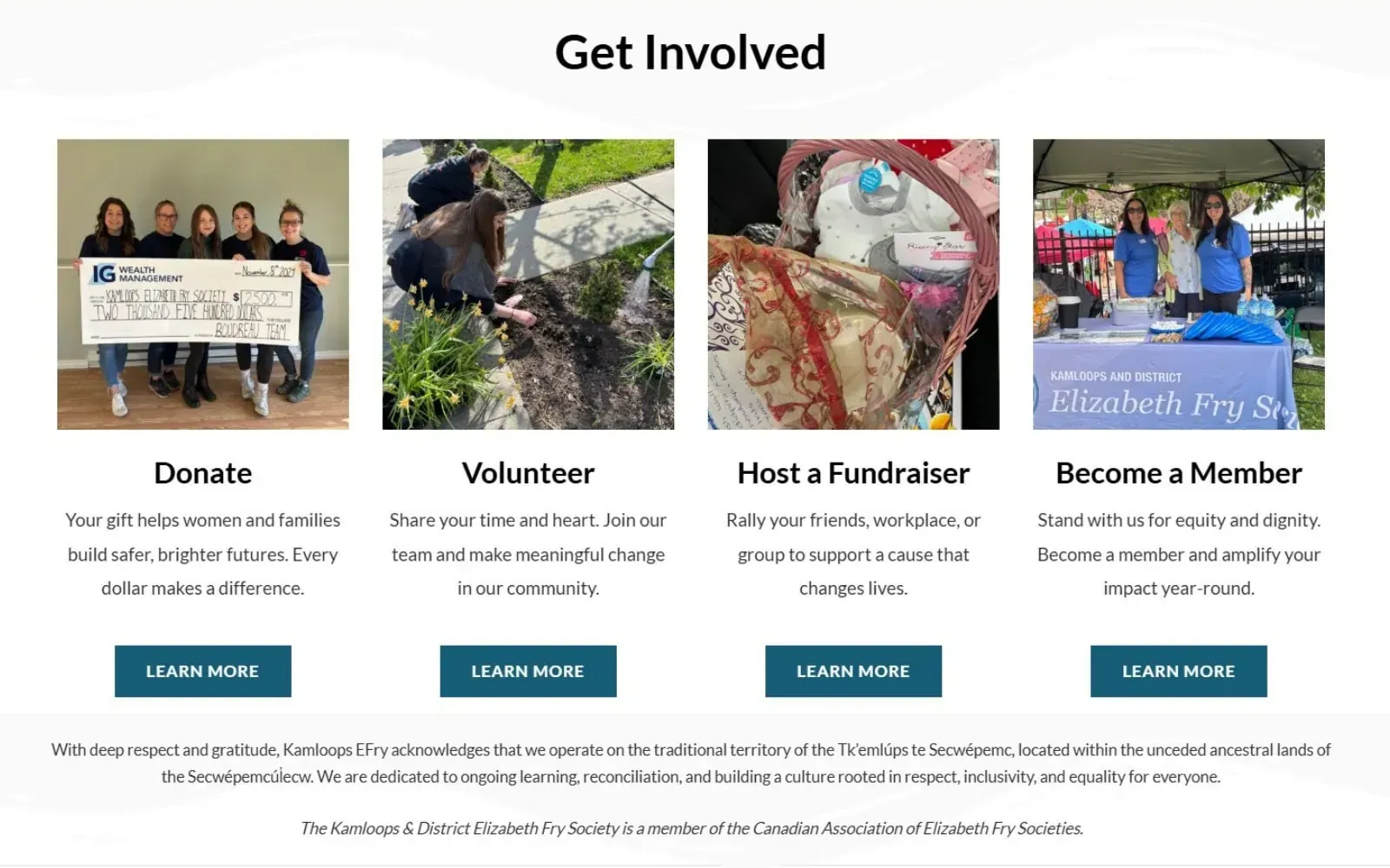 Custom web design example of a Get Involved page with four cards for donating, volunteering, fundraising, and membership