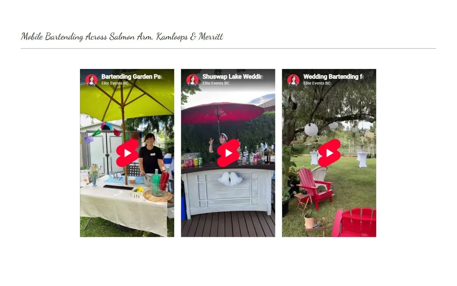 Website design example with embedded YouTube video thumbnails for weddings, corporate events, and décor content