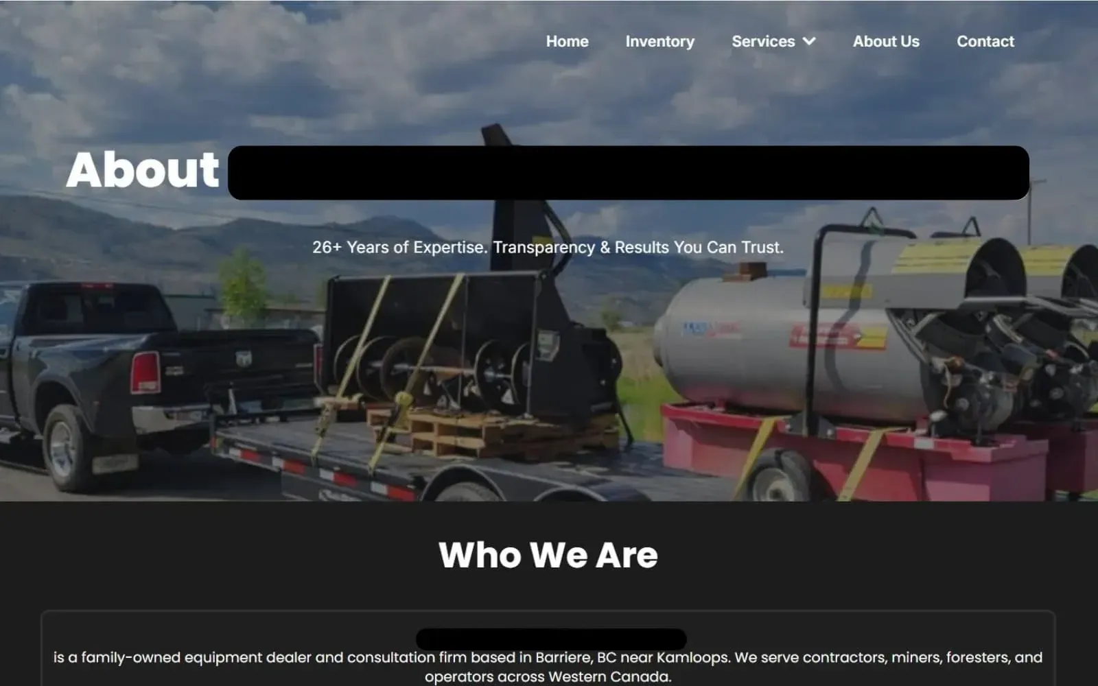 About Us page hero featuring full-width background photography and a custom company introduction