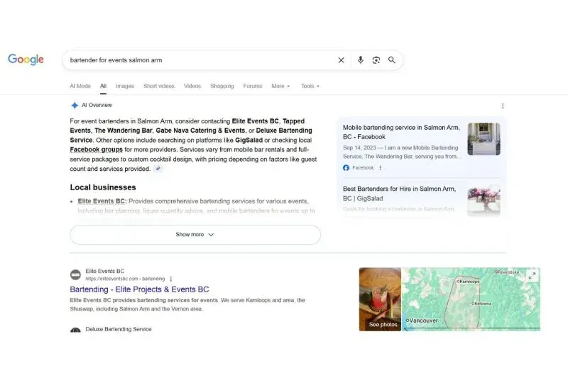 Elite Events BC cited in Google AI Overview for bartending services in Salmon Arm BC - SEO results by Elite Marketing Projects