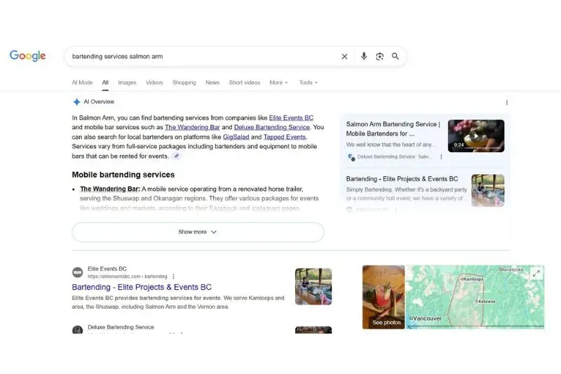 Elite Events BC appearing in Google AI Overview for bartender for events in Salmon Arm BC - SEO results by Elite Marketing Projects