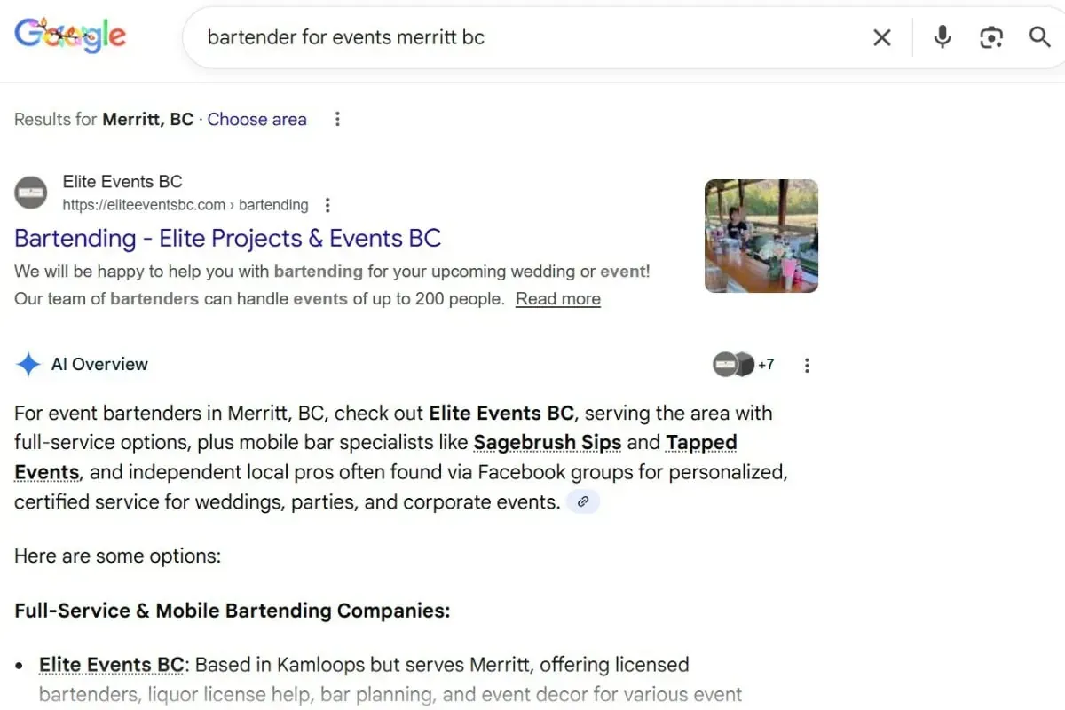 Elite Events BC appearing in Google AI Overview search results for bartender services in Merritt BC