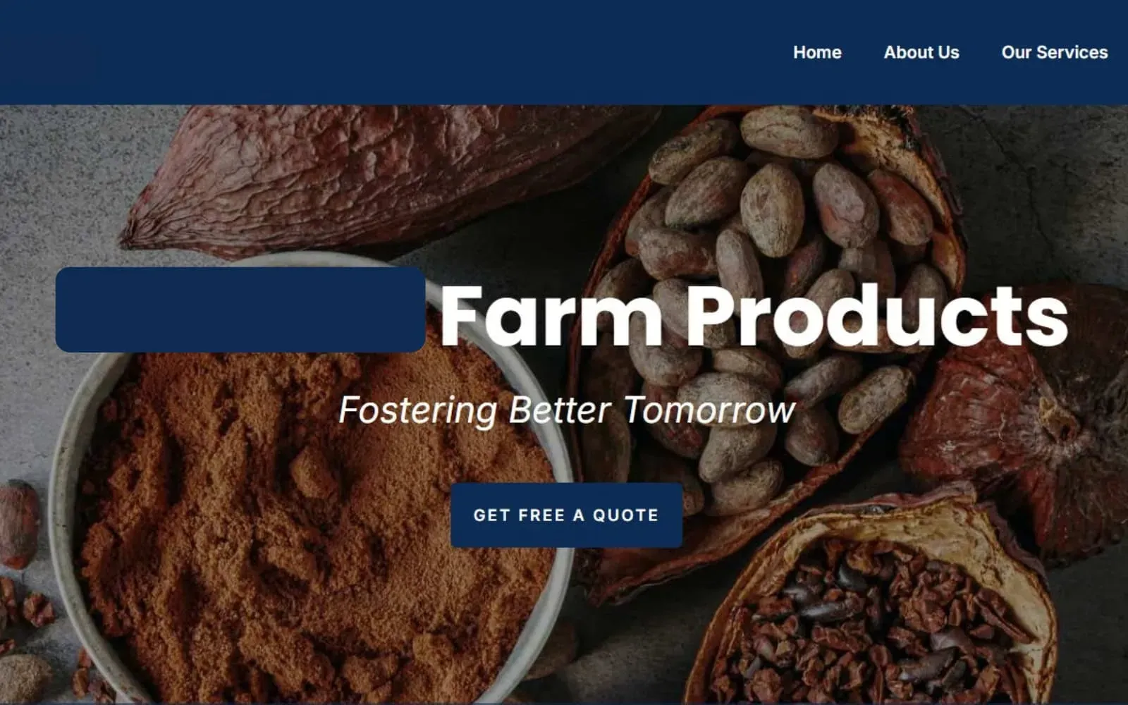 Homepage hero for a farm products business, with full-bleed product photography and a get-a-quote call-to-action button