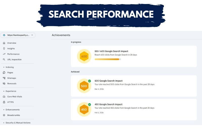 Google Search Console SEO results for Kamloops Elizabeth Fry Society website after redesign