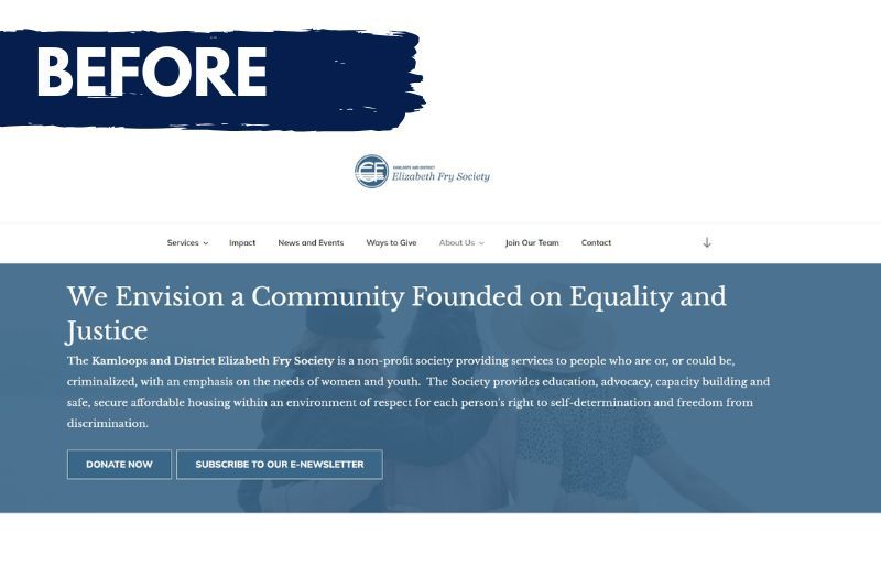 Before screenshot of Kamloops Elizabeth Fry Society old website homepage prior to redesign