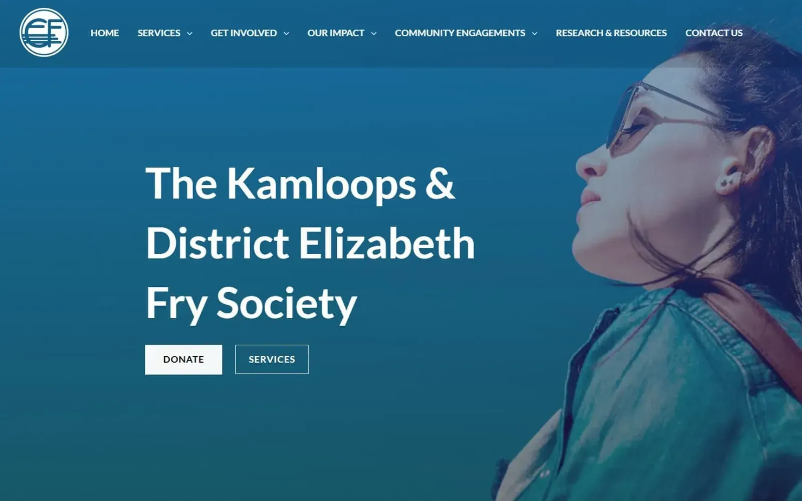 Kamloops web design: nonprofit homepage hero with navigation menu, headline, and donate button