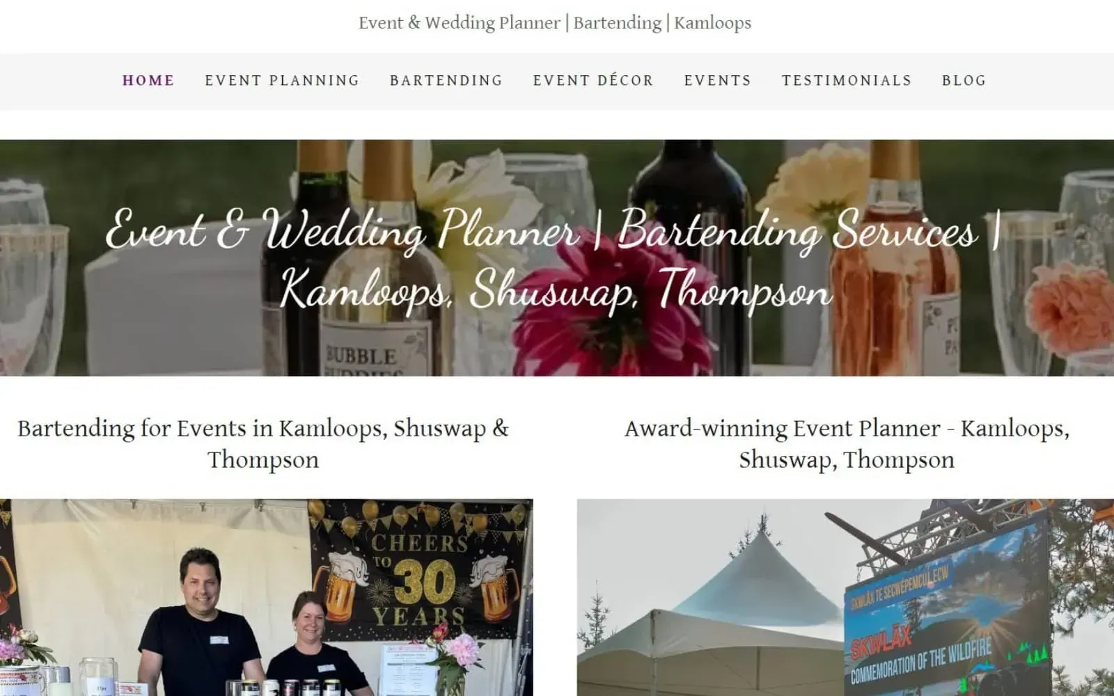 Homepage hero for a Kamloops event and wedding planning business, with bartending and event planner service cards