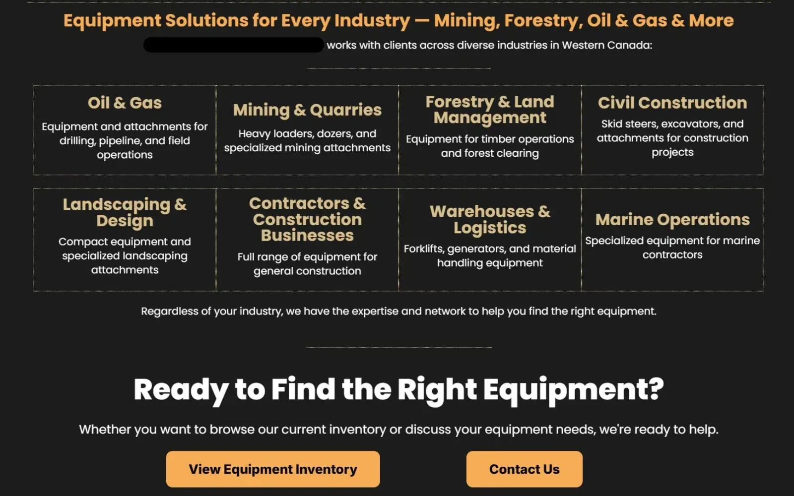 Homepage industries overview for a Kamloops web design client, with service category cards and call-to-action buttons