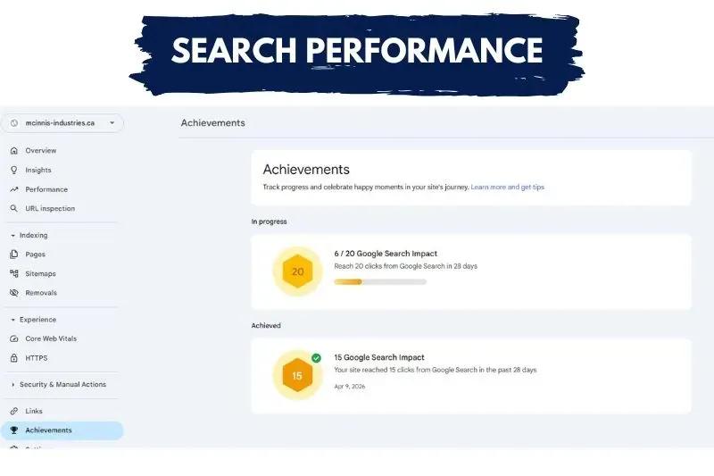 Google Search Console SEO results for McInnis Industries Kamloops BC new website built by Elite Marketing Projects