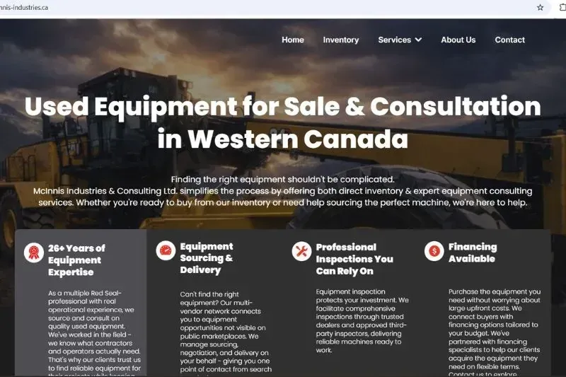 New McInnis Industries website design for used equipment sales and consultation in Kamloops BC built by Elite Marketing Projects