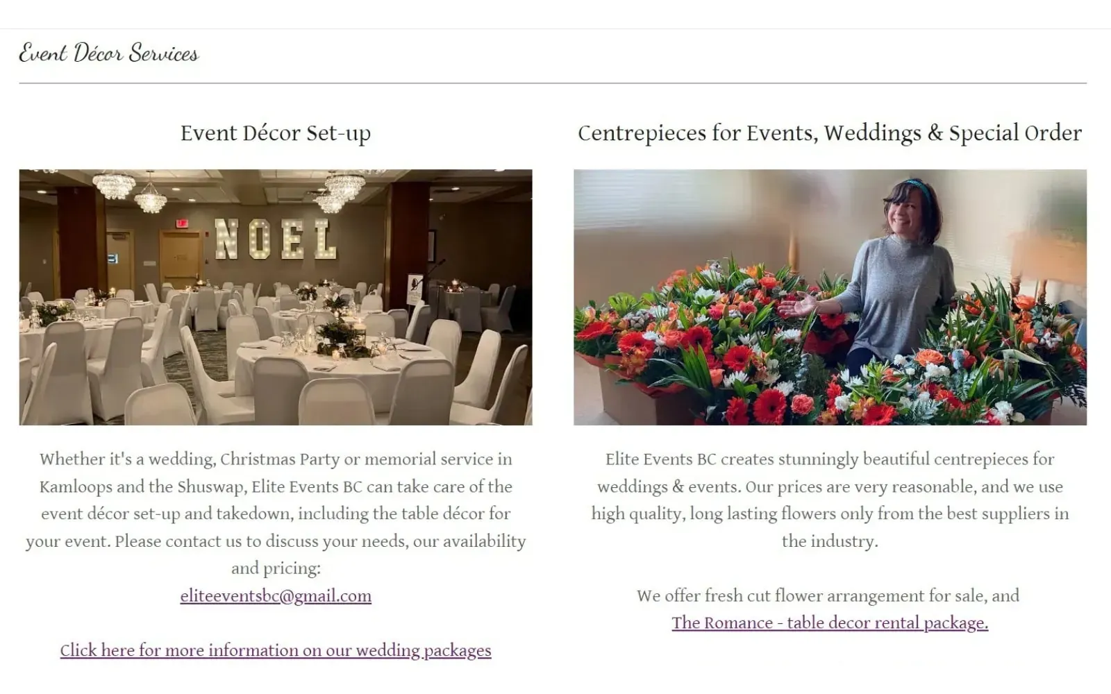 Event décor rentals section with centerpiece photography and accompanying service descriptions