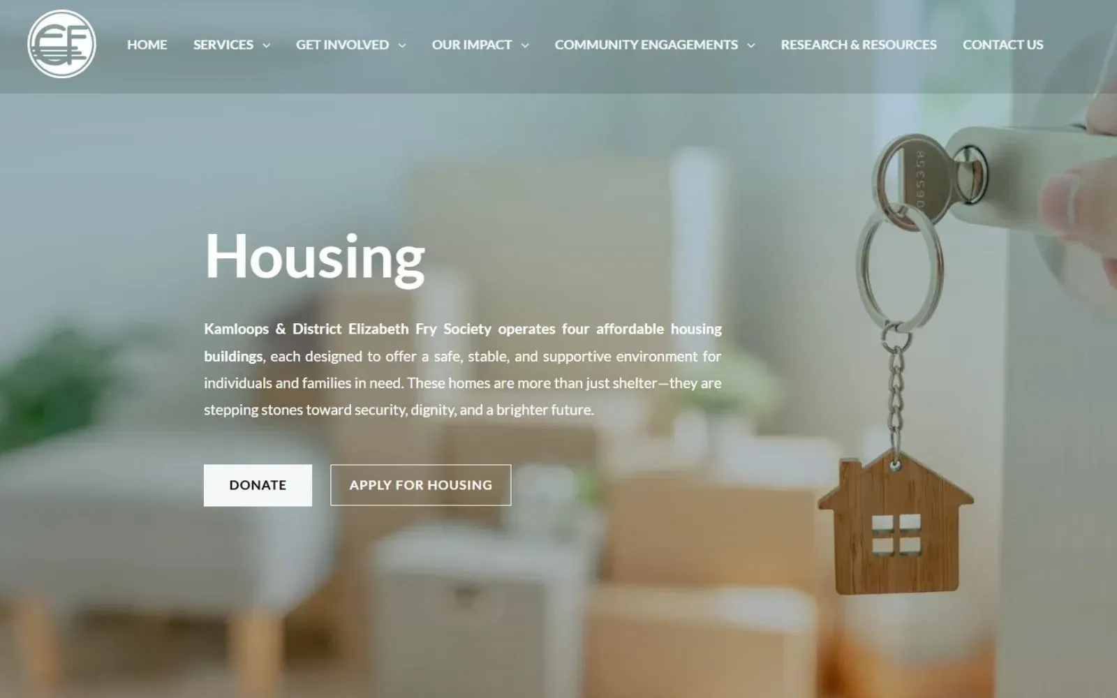 Responsive web design example of a housing program page hero with full-width background image and headline