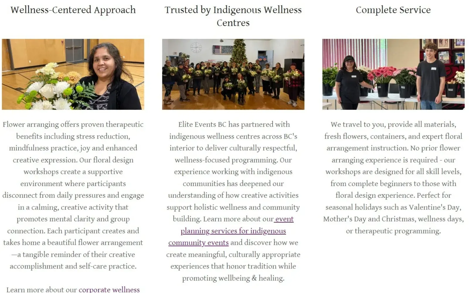 Three-column trust and approach section highlighting a service philosophy, client testimonial, and full-service offering